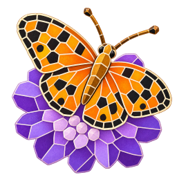 Illustrative orange butterfly resting on a purple garden flower